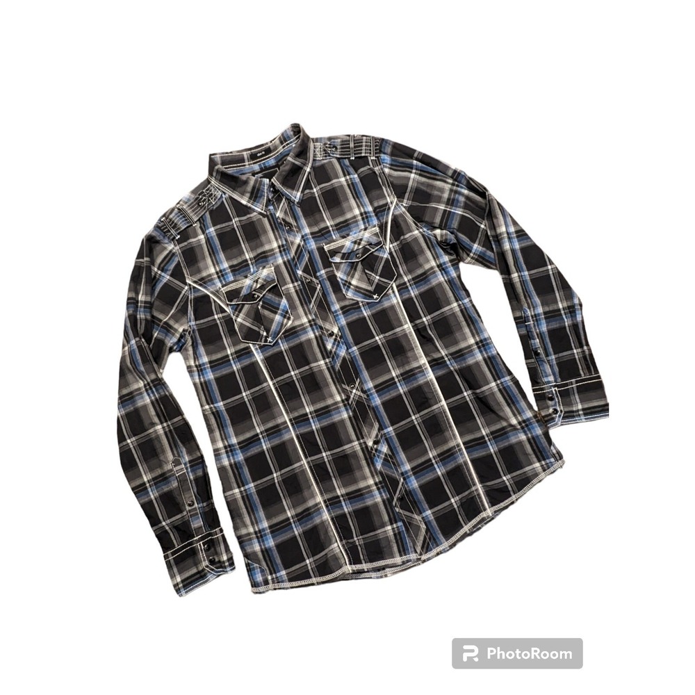 Mens BKE Slim Fit 2XL White Blue Black Plaid Long Sleeve Pearl Snap Shirt
